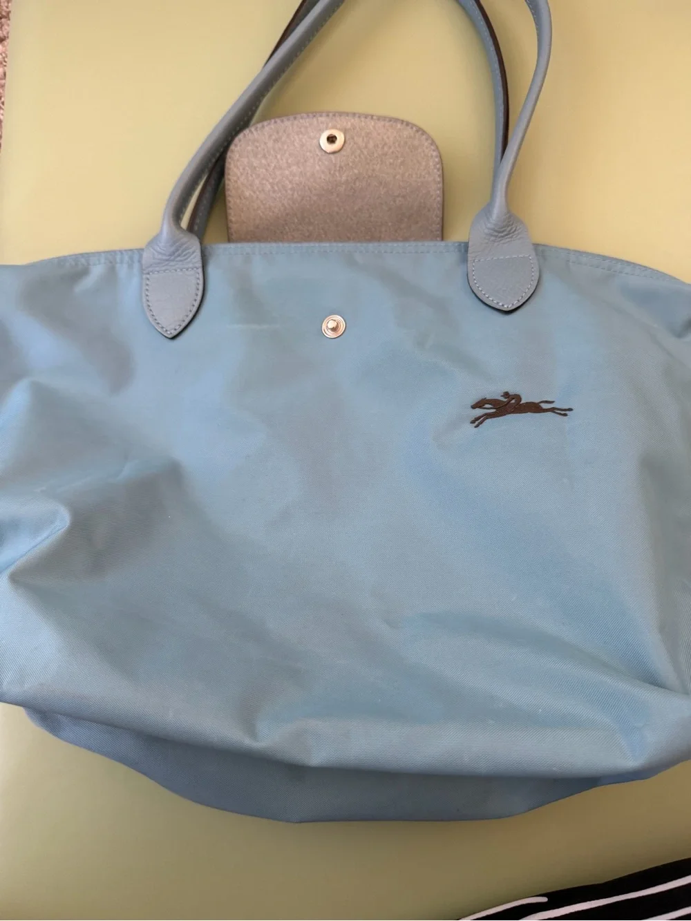 Longchamp Light Blue Nylon Tote with Leather Trim